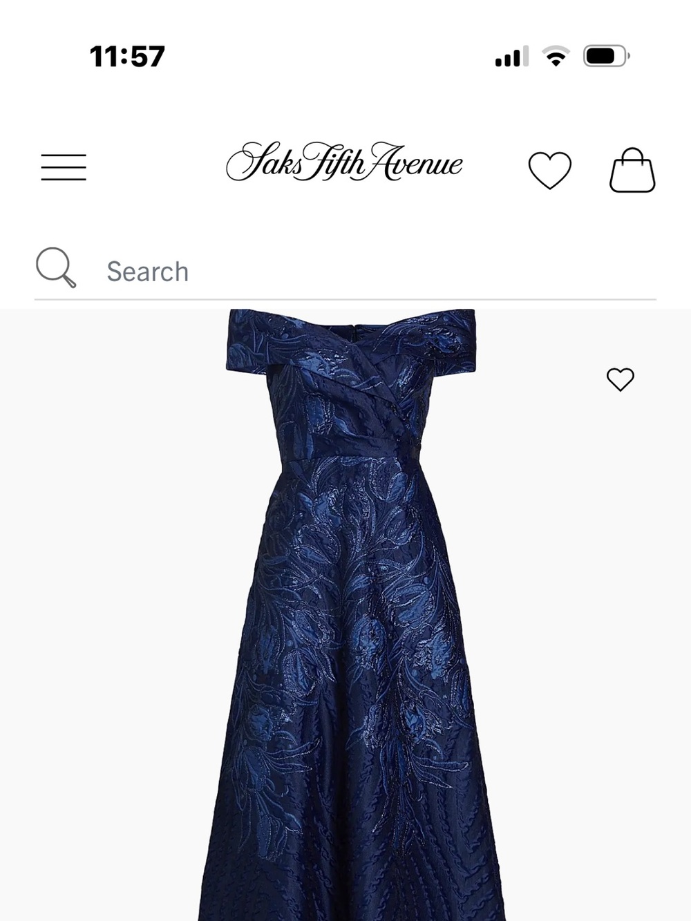 Teri Jon Navy Off-Shoulder metallic organza overlay evening gown.